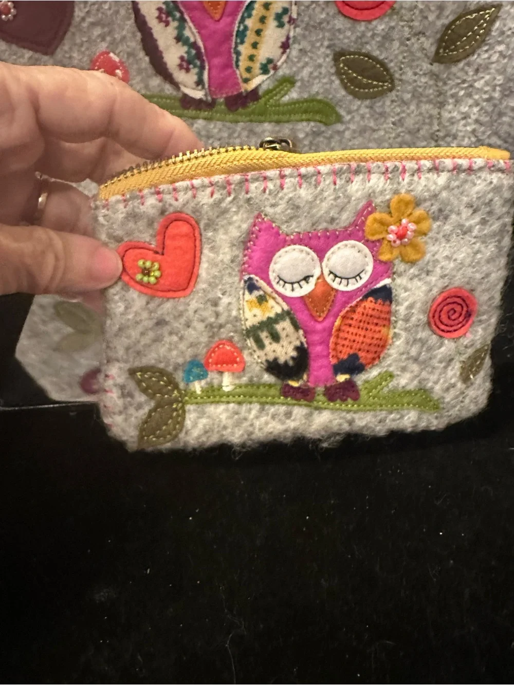 Felted Owl # 320 Applique Tote with Matching Wristlet - Yellow Accents